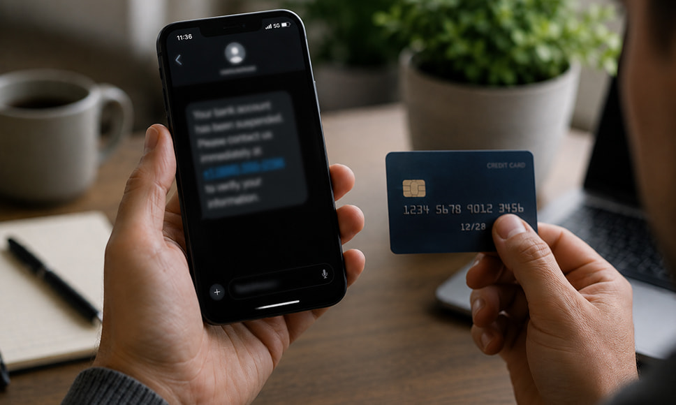 El contenido de un sms borrado y una mano sosteniendo una tarjeta de crédito.