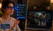 Mujer interactuando con una interfaz de Meta AI y herramientas de reconocimiento digital.