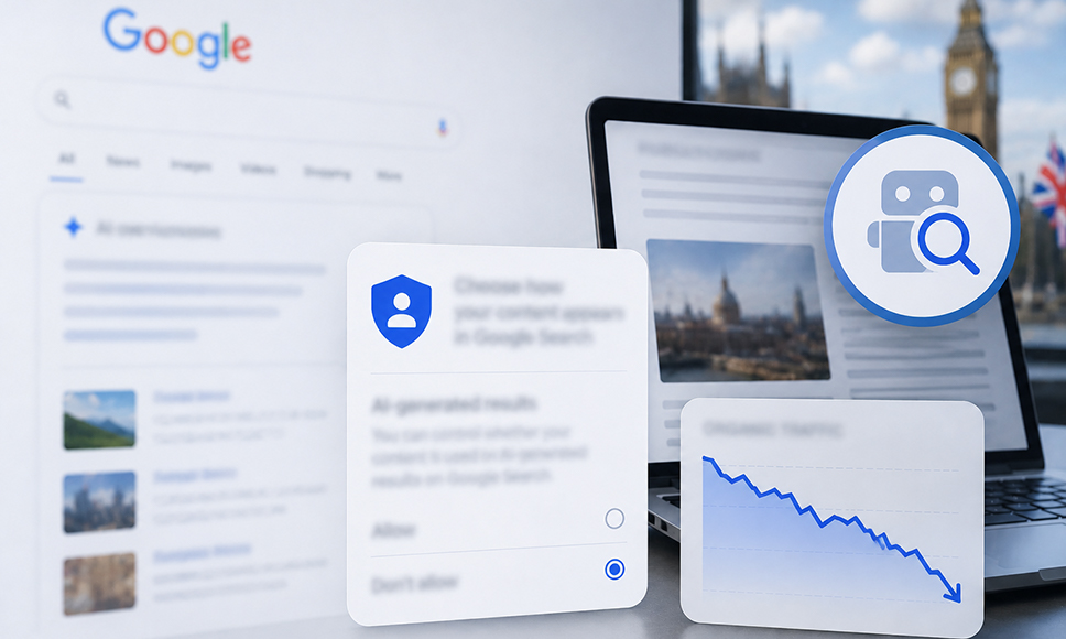 Pantallas con resultados de búsqueda de Google, opciones de control de IA y gráficos de tráfico web.