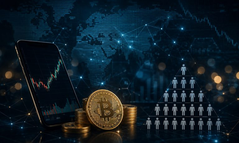 Monedas de criptomonedas, gráfico de inversión y esquema piramidal sobre un fondo tecnológico.