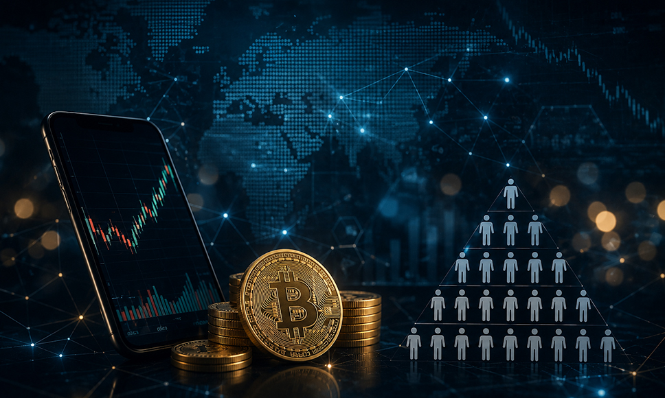 Monedas de criptomonedas, gráfico de inversión y esquema piramidal sobre un fondo tecnológico.