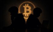 Dos hombres a oscuras con el logo de Bitcoin iluminado de fondo.