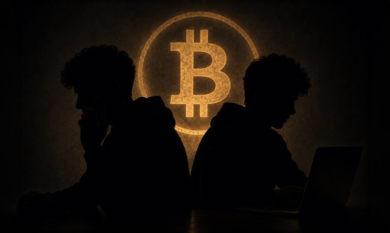 Dos hombres a oscuras con el logo de Bitcoin iluminado de fondo.