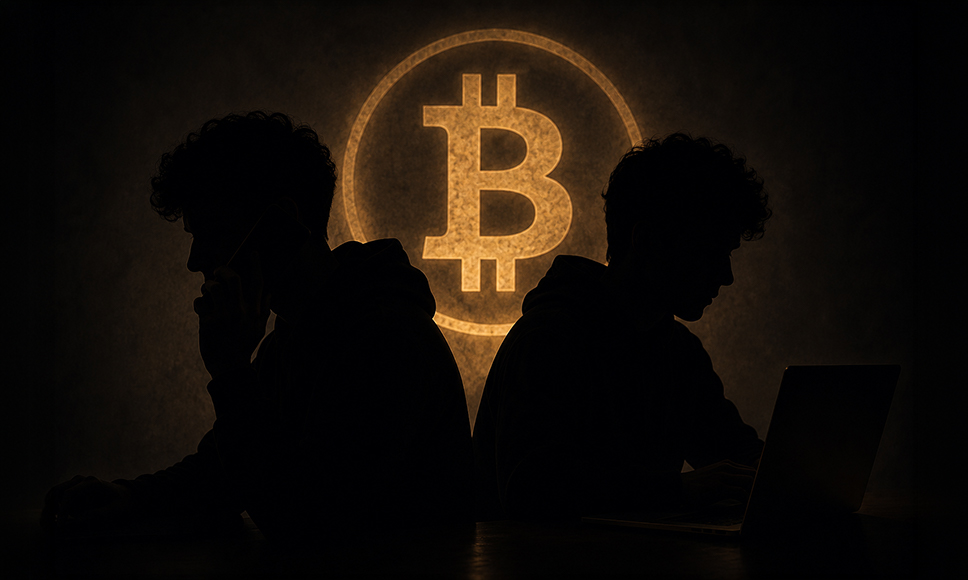 Dos hombres a oscuras con el logo de Bitcoin iluminado de fondo.