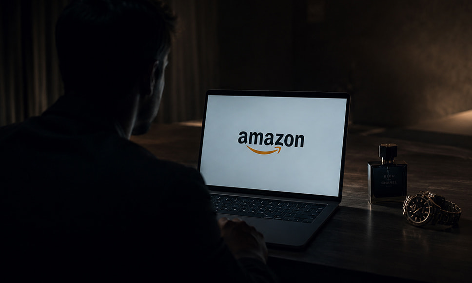 Un hombre de espaldas a oscuras mirando un portátil con la pantalla de Amazon y un par de objetos de valor al lado.