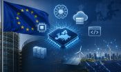 Bandera de la Unión Europea junto a un chip digital y símbolos de infraestructura tecnológica.