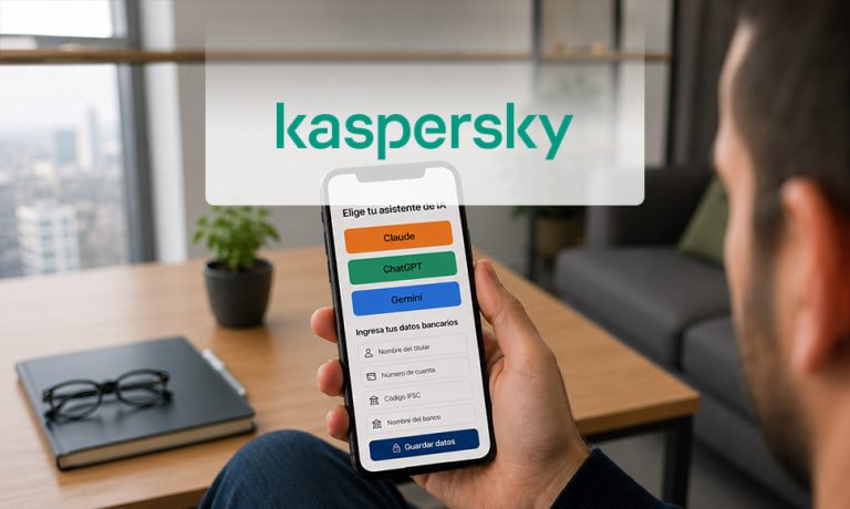 Hombre con el móvil en una app falsa de asistentes de IA (Claude, ChatGPT, Gemini) que pide datos bancarios, con el logo de Kaspersky superpuesto.
