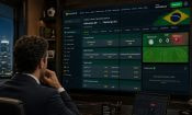 Ejecutivo observando una gran pantalla de Betnacional con cuotas del Palmeiras-Flamengo y la bandera de Brasil.