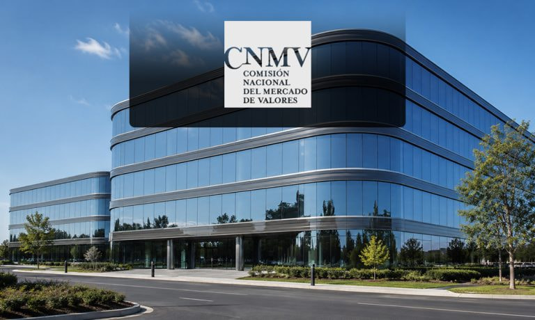 Edificio moderno con el logotipo de la CNMV, relacionado con las advertencias sobre fraudes de inversión.