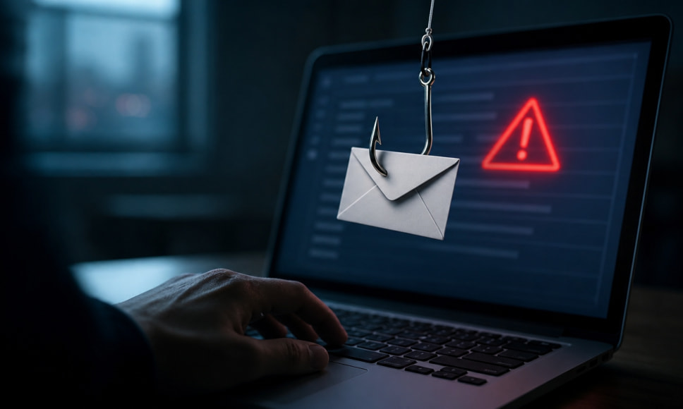 Anzuelo con un sobre de correo sobre un portátil que muestra una alerta roja, en alusión al phishing.