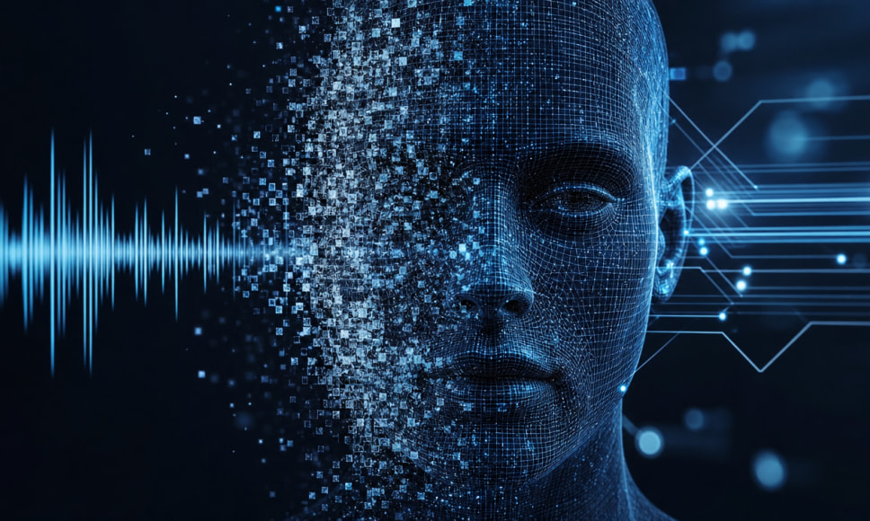 Rostro digital formado por una malla de píxeles que se desintegra junto a una onda de voz, evocando los deepfakes.