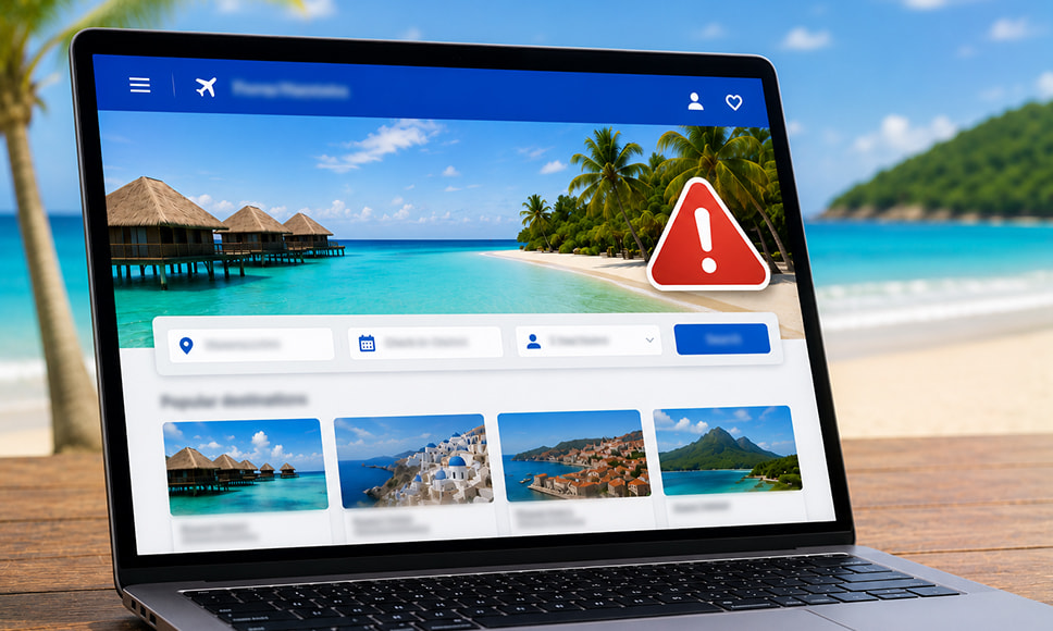 Portátil mostrando un portal de reservas hoteleras con un símbolo de exclamación al lado.