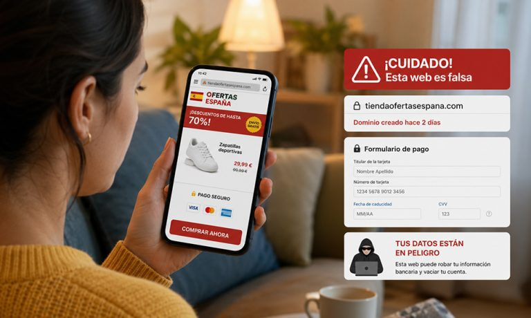Mujer con el móvil en una tienda online falsa española con avisos de web fraudulenta y formulario de pago que roba datos bancarios.
