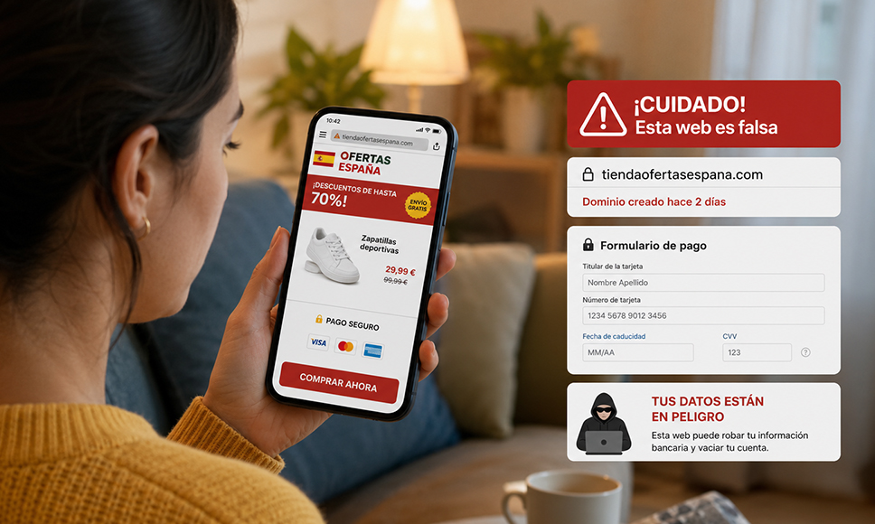 Mujer con el móvil en una tienda online falsa española con avisos de web fraudulenta y formulario de pago que roba datos bancarios.