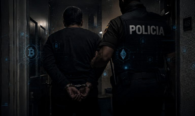 Agente de policía escoltando a un detenido con iconos de criptomonedas y ciberseguridad superpuestos.
