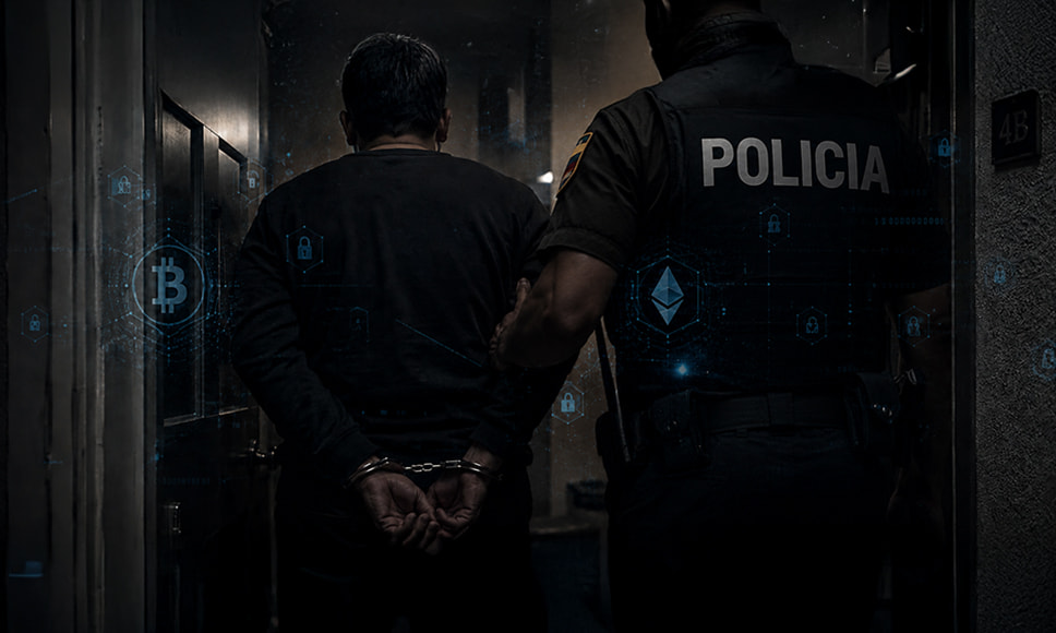 Agente de policía escoltando a un detenido con iconos de criptomonedas y ciberseguridad superpuestos.