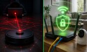 Un robot aspirador conectado frente a un hacker y un router doméstico protegido
