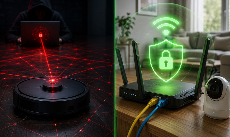 Un robot aspirador conectado frente a un hacker y un router doméstico protegido