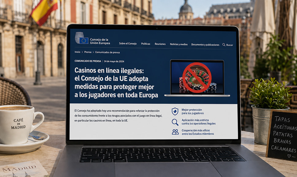 Portátil en una terraza de Madrid mostrando un comunicado del Consejo de la UE sobre casinos en línea ilegales.