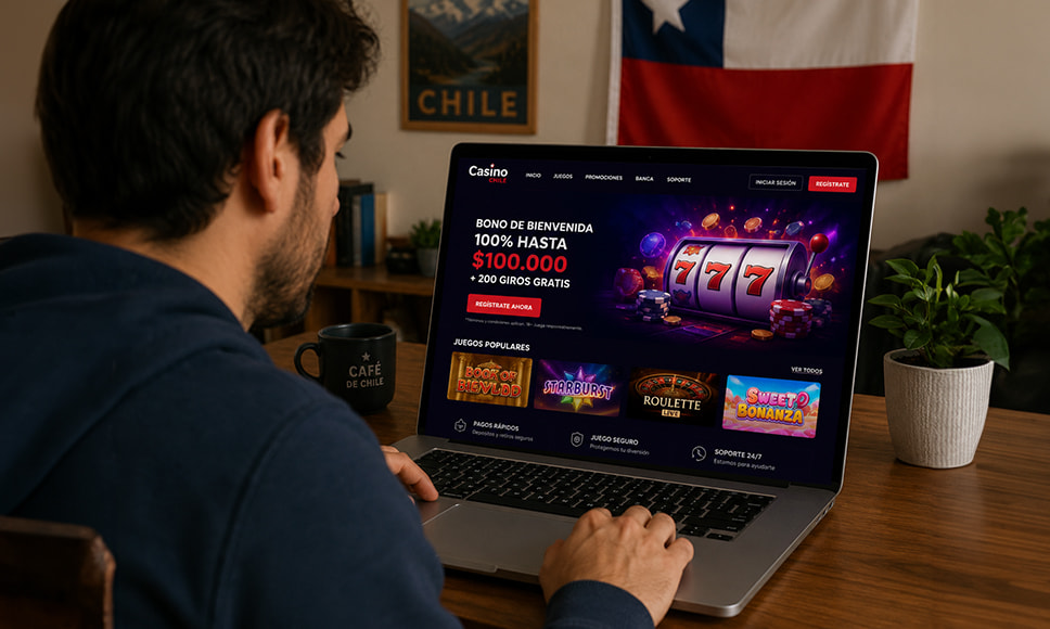 Hombre frente a un portátil con un casino online abierto, con una bandera de Chile de fondo.