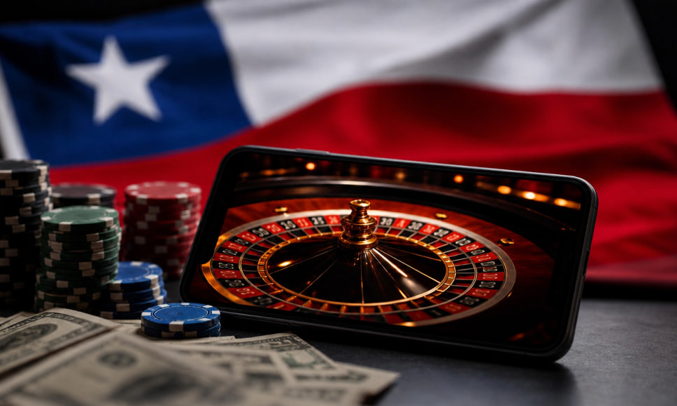 Ruleta de casino online en un smartphone junto a fichas y billetes, con la bandera de Chile de fondo.