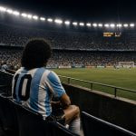 Persona con una camiseta de Argentina con el número 10 observando un estadio de fútbol lleno durante un partido.
