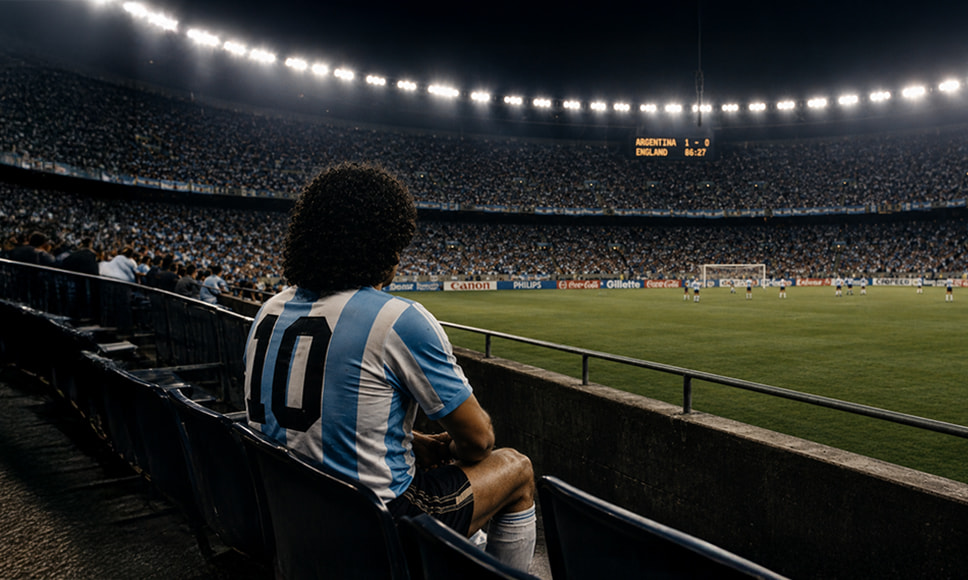 Persona con una camiseta de Argentina con el número 10 observando un estadio de fútbol lleno durante un partido