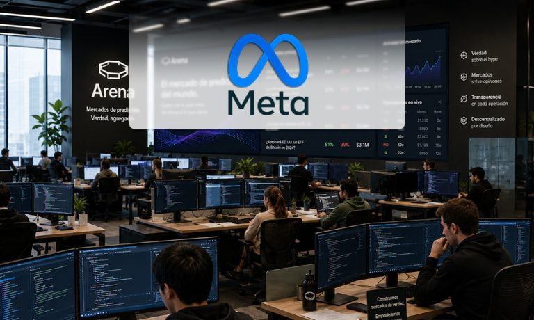 Logotipo de Meta superpuesto a una oficina llena de pantallas con la plataforma de mercados de predicciones Arena.