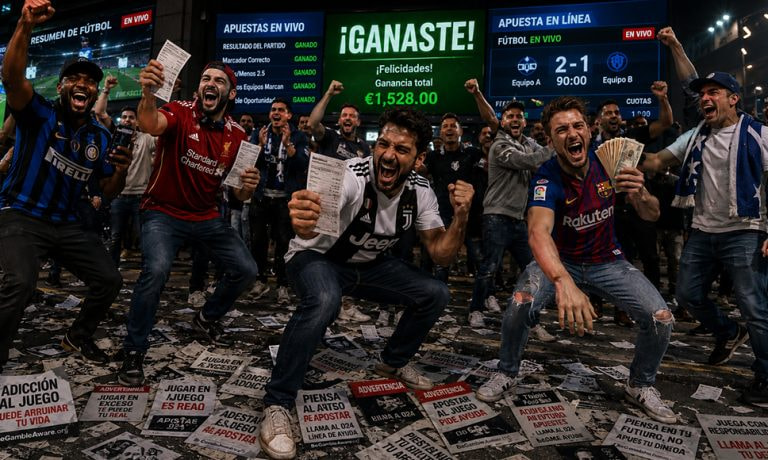 Aficionados de fútbol celebrando eufóricos ante pantallas de apuestas en vivo que marcan ganancias, con carteles de juego responsable en el suelo.