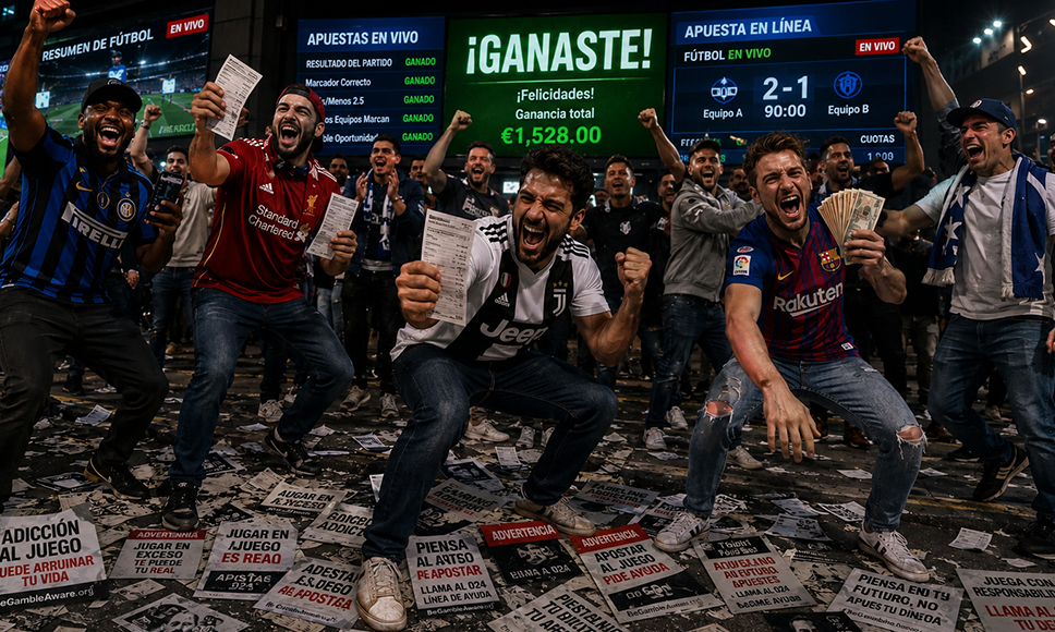 Aficionados de fútbol celebrando eufóricos ante pantallas de apuestas en vivo que marcan ganancias, con carteles de juego responsable en el suelo.