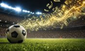 Balón de fútbol sobre el césped de un estadio con billetes de dólar y una gráfica dorada ascendente.