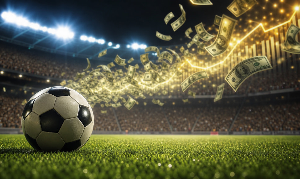 Balón de fútbol sobre el césped de un estadio con billetes de dólar y una gráfica dorada ascendente.
