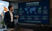 Ejecutivo señala una pantalla con un mapa mundial y estadísticas del crecimiento de los sitios de apuestas.