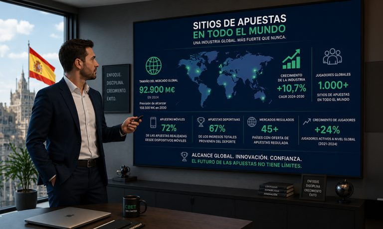 Ejecutivo señala una pantalla con un mapa mundial y estadísticas del crecimiento de los sitios de apuestas.