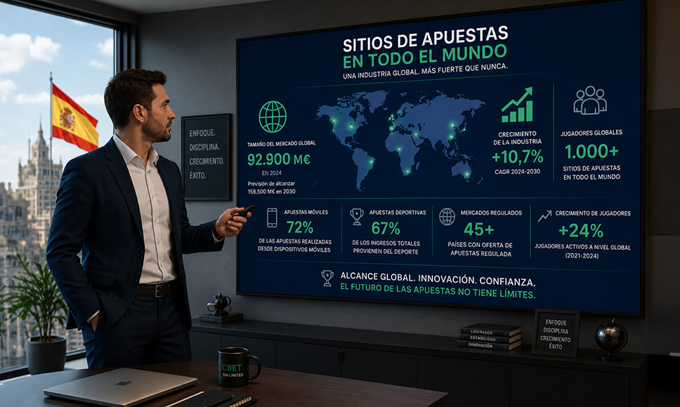 Ejecutivo señala una pantalla con un mapa mundial y estadísticas del crecimiento de los sitios de apuestas.