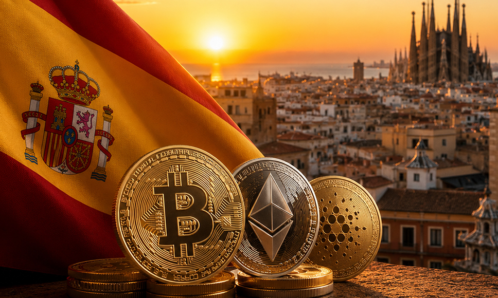 Monedas de Bitcoin, Ethereum y Cardano junto a la bandera de España con la Sagrada Familia de Barcelona al atardecer.