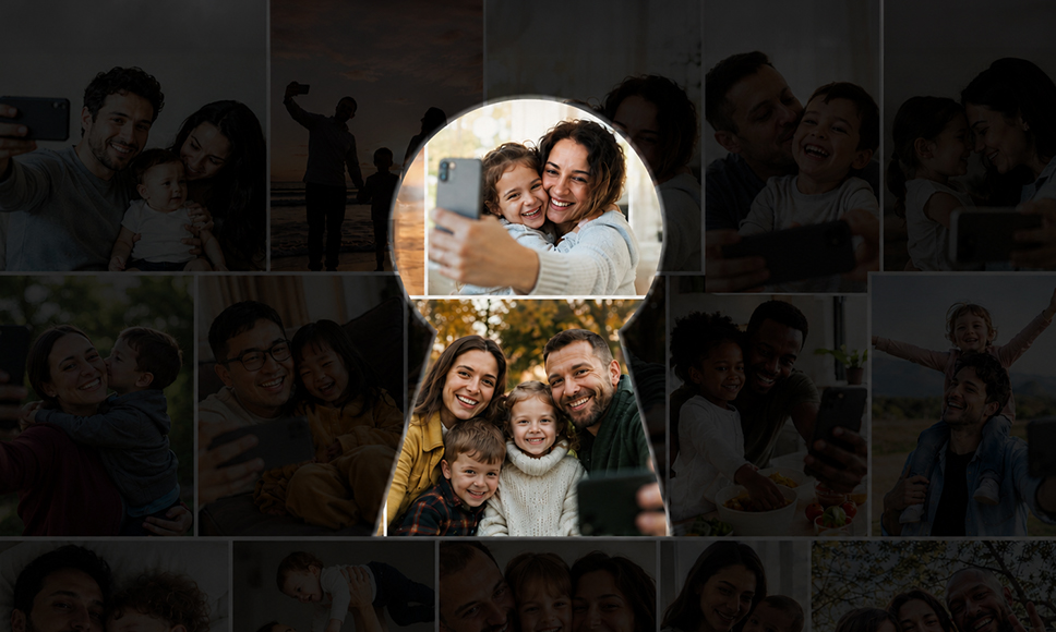 Collage de fotos familiares en penumbra con un ojo de cerradura que revela selfies de padres con sus hijos.