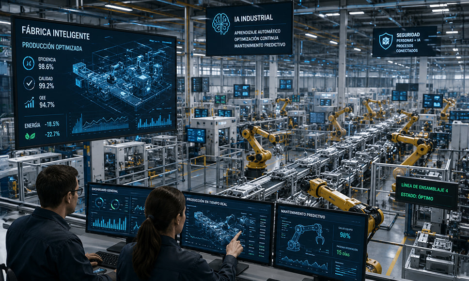 Dos técnicos supervisan dashboards de IA industrial en una fábrica inteligente con brazos robóticos y paneles de producción optimizada.