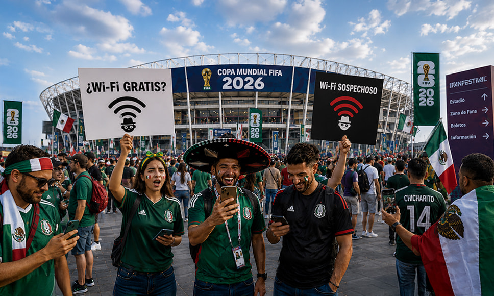 Aficionados frente a un estadio del Mundial 2026 usando el móvil junto a carteles sobre redes WiFi gratuitas y sospechosas.