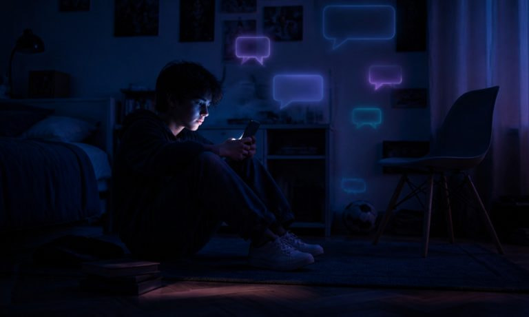 Adolescente sentado a oscuras iluminado por el móvil y rodeado de burbujas de chat, sobre el uso de IA entre menores.