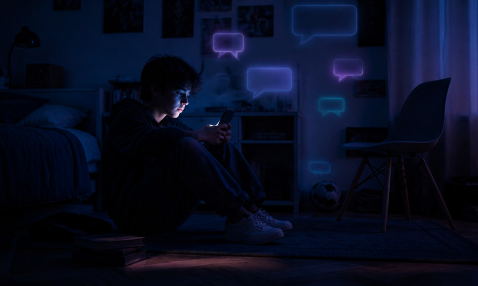 Adolescente sentado a oscuras iluminado por el móvil y rodeado de burbujas de chat, sobre el uso de IA entre menores.