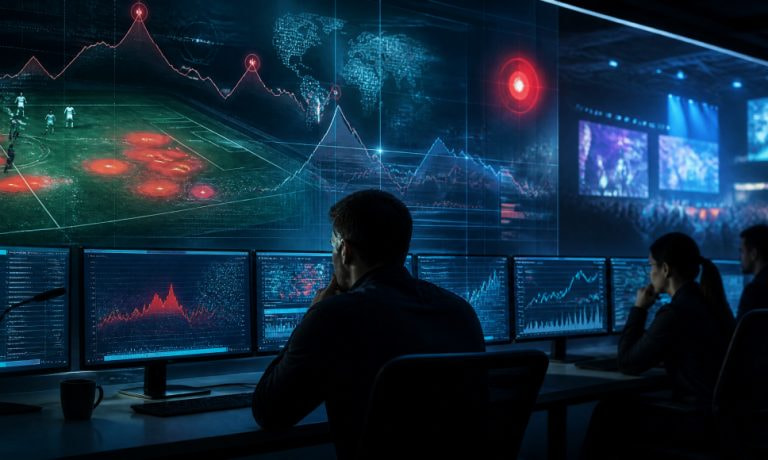 Analistas en una sala de control revisan gráficos de alertas de apuestas sospechosas frente a una arena de eSports.