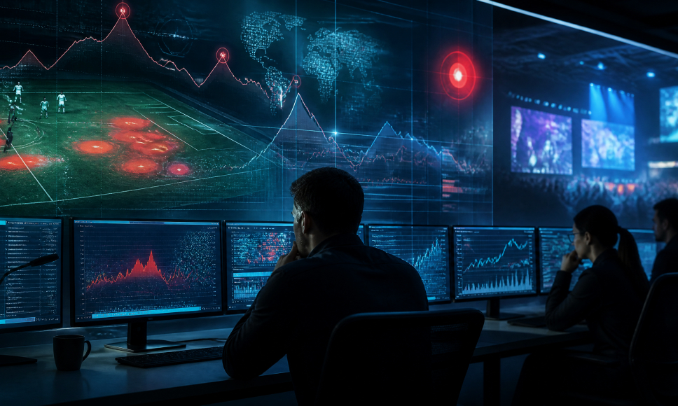 Analistas en una sala de control revisan gráficos de alertas de apuestas sospechosas frente a una arena de eSports.
