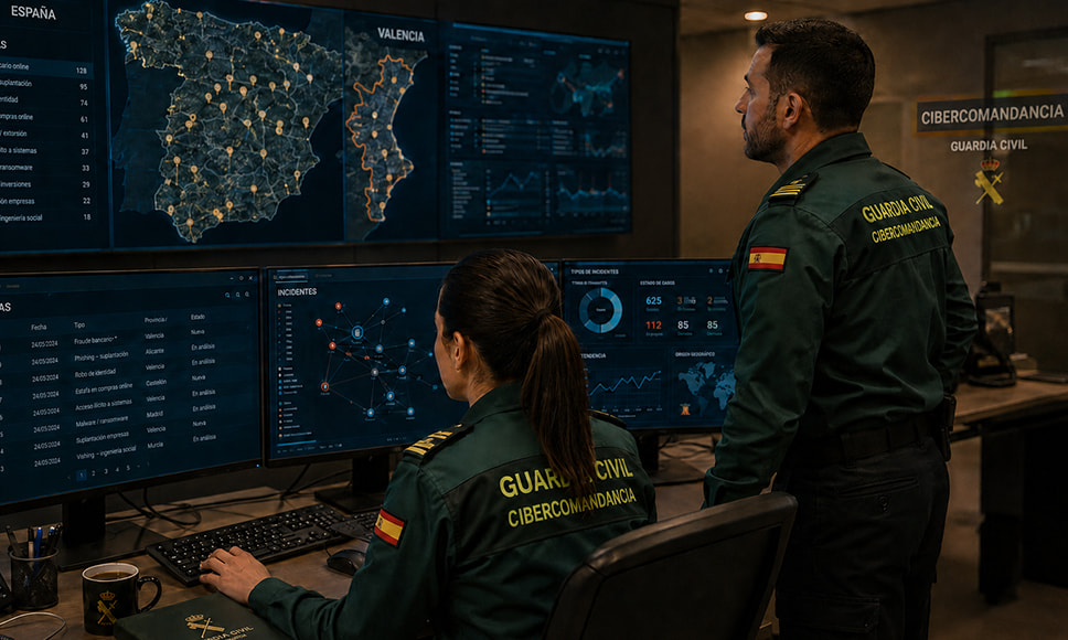 Agentes de la Guardia Civil de la Cibercomandancia analizando un mapa de España y estadísticas de incidentes cibernéticos.