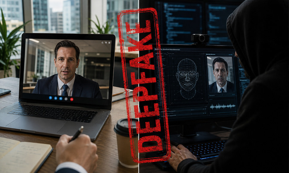 Un ejecutivo participa en una videollamada mientras un ciberdelincuente crea un deepfake con inteligencia artificial.