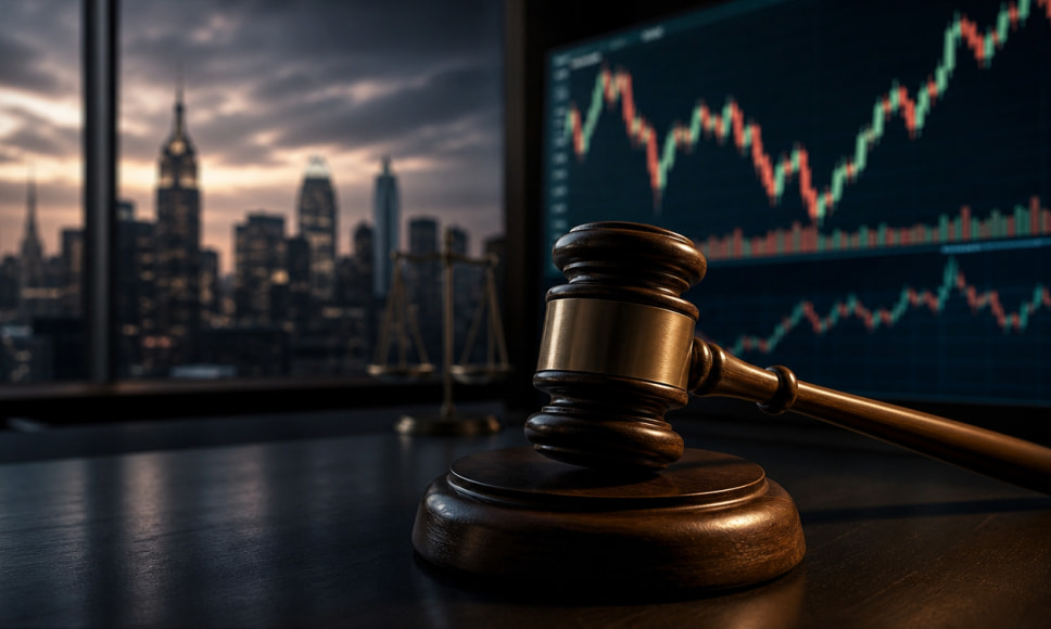 Mazo de juez y balanza de la justicia ante un gráfico de trading, con Nueva York de fondo, sobre la demanda a Kalshi.
