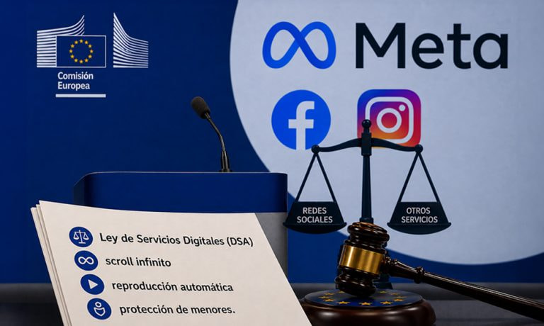 Atril de la Comisión Europea con los logotipos de Meta, Facebook e Instagram y un dossier sobre la Ley de Servicios Digitales.