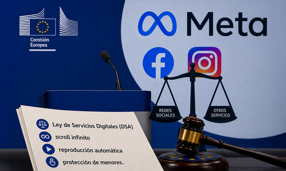 Atril de la Comisión Europea con los logotipos de Meta, Facebook e Instagram y un dossier sobre la Ley de Servicios Digitales.