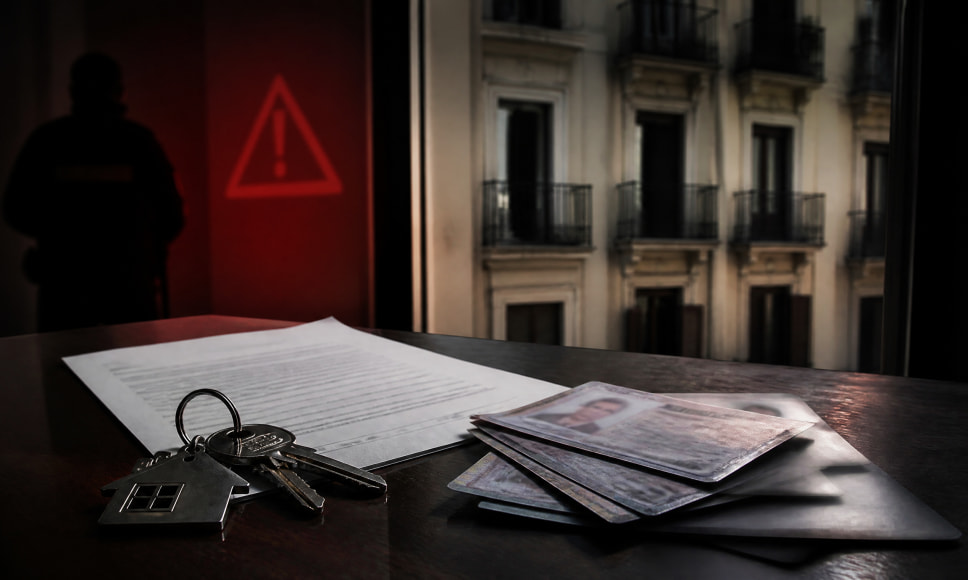 Contrato de alquiler, llaves de vivienda y documentos de identidad sobre una mesa junto a una señal de advertencia.