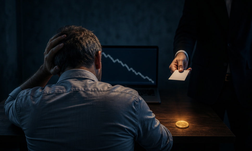 Hombre angustiado ante un gráfico de Bitcoin cayendo, mientras otra persona le ofrece una tarjeta, sobre las estafas de recuperación de fondos
